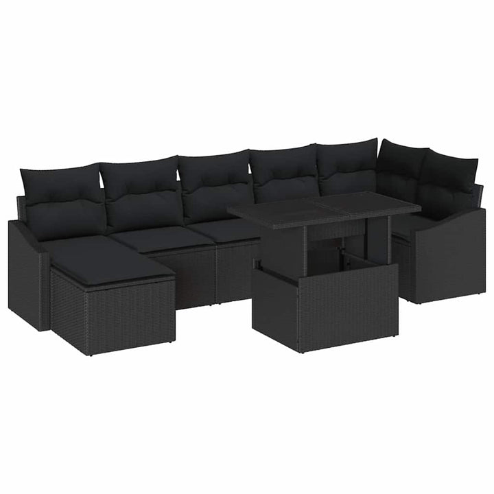 Havesofa Sæt med pude med opbevaring 8 pcs Sort polyrattan