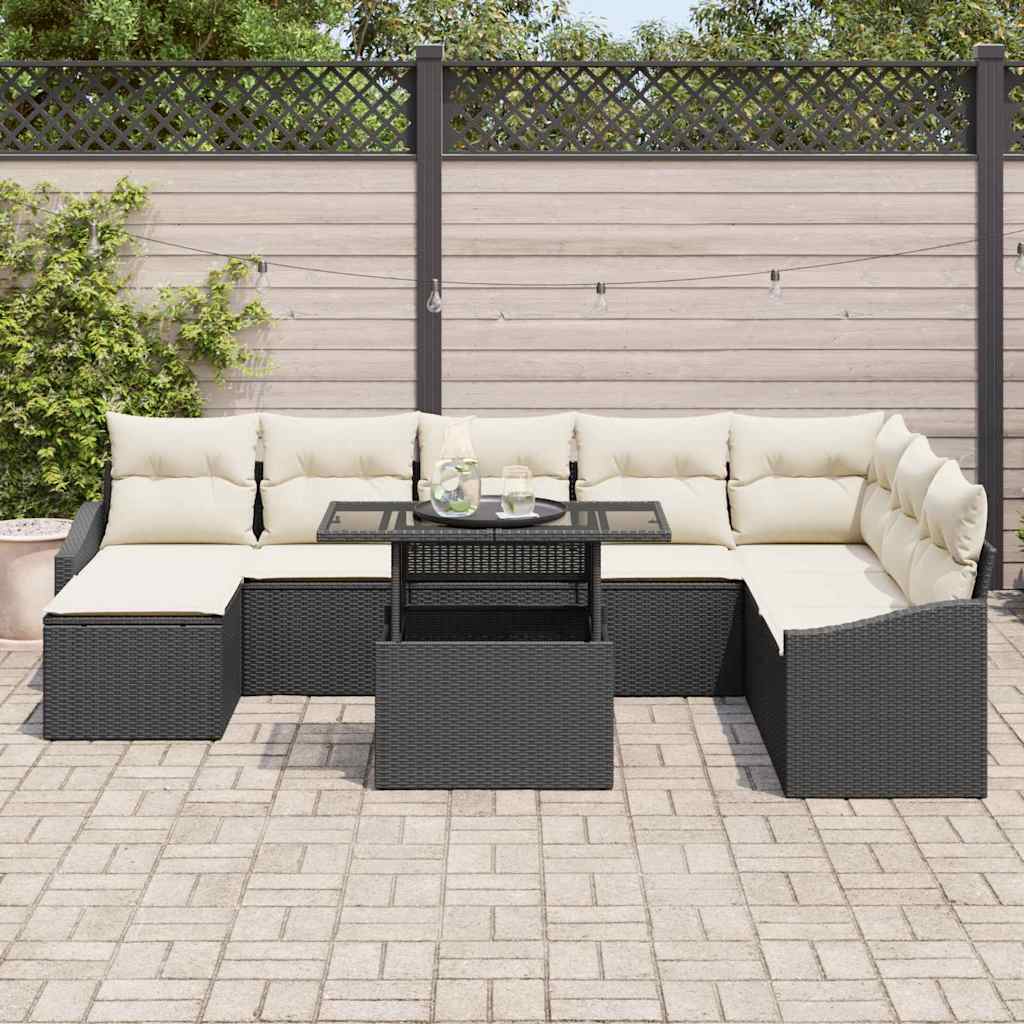 Sofa Sæt med pude med opbevaring 9 pcs Sort og Cream polyrattan