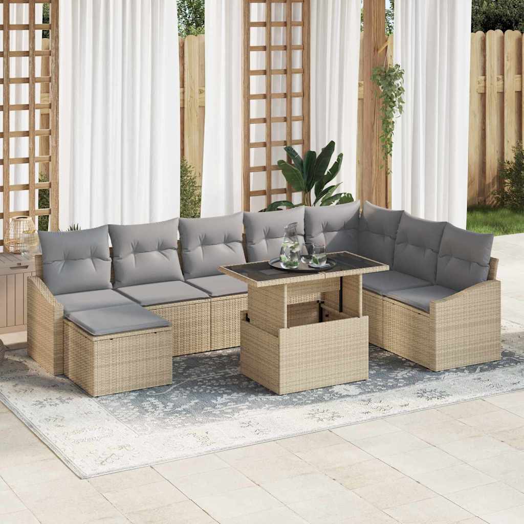 Sofa Sæt med pude 9 pcs Beige og lys grå polyrattan