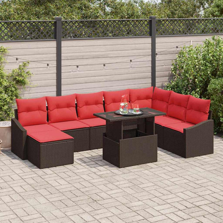 Sofa Sæt 9 stk. Brun og Rød polyrattan
