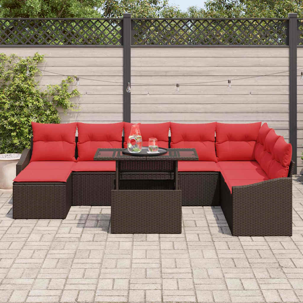 Sofa Sæt 9 stk. Brun og Rød polyrattan