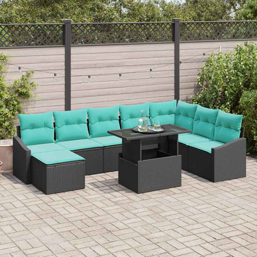 Sofa Sæt med pude med opbevaring 9 pcs Sort og Blå polyrattan