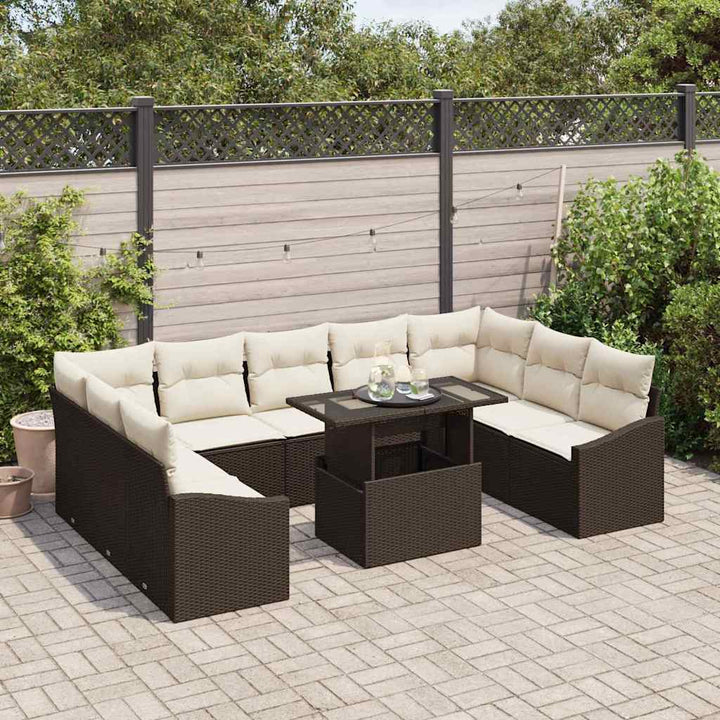 Sofa Sæt med pude 10 pcs Brun og Creme polyrattan