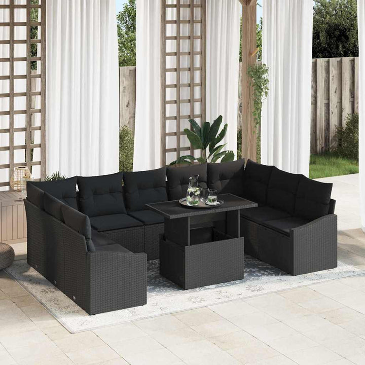 Sofa Sæt med pude 10 pcs Sort polyrattan