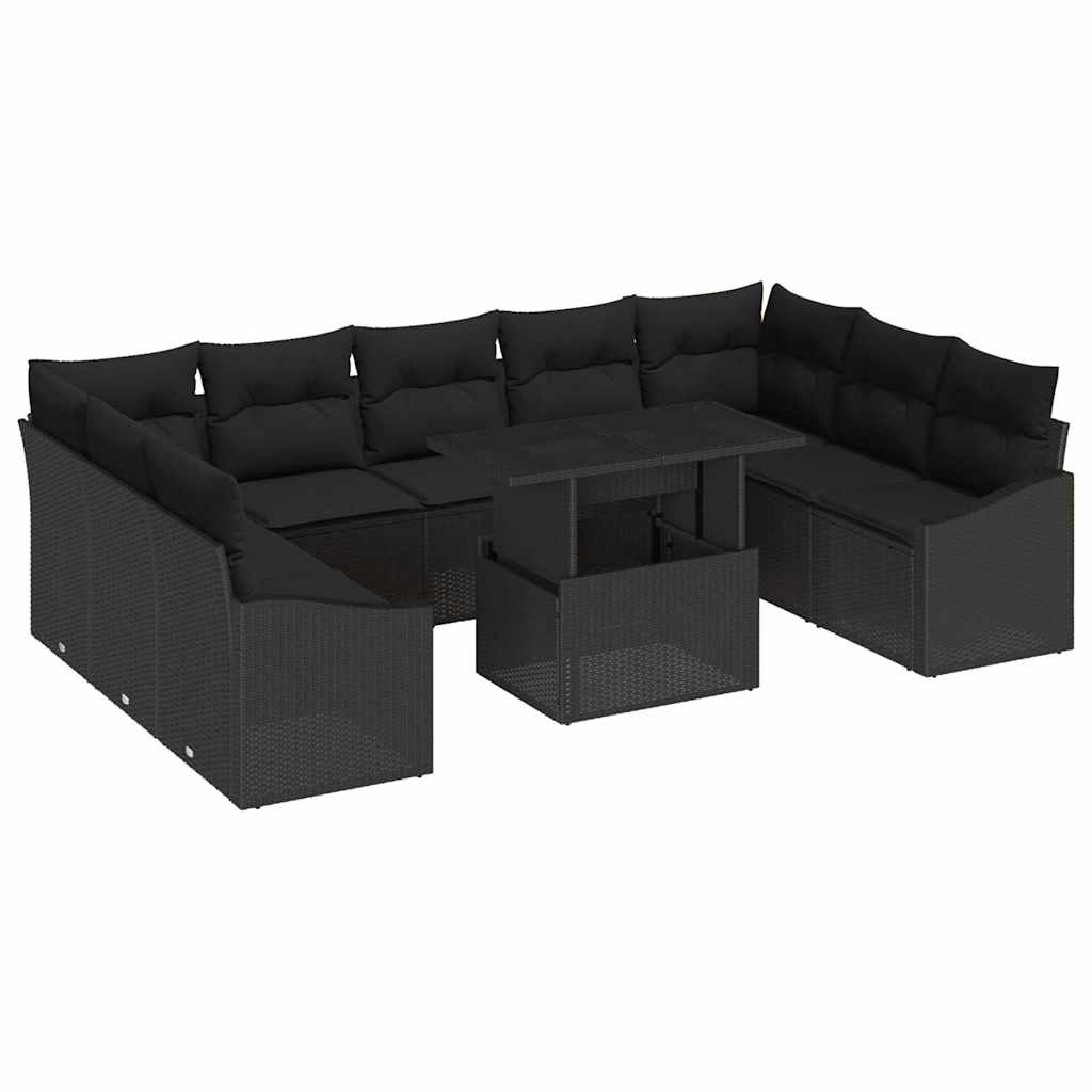 Sofa Sæt med pude 10 pcs Sort polyrattan