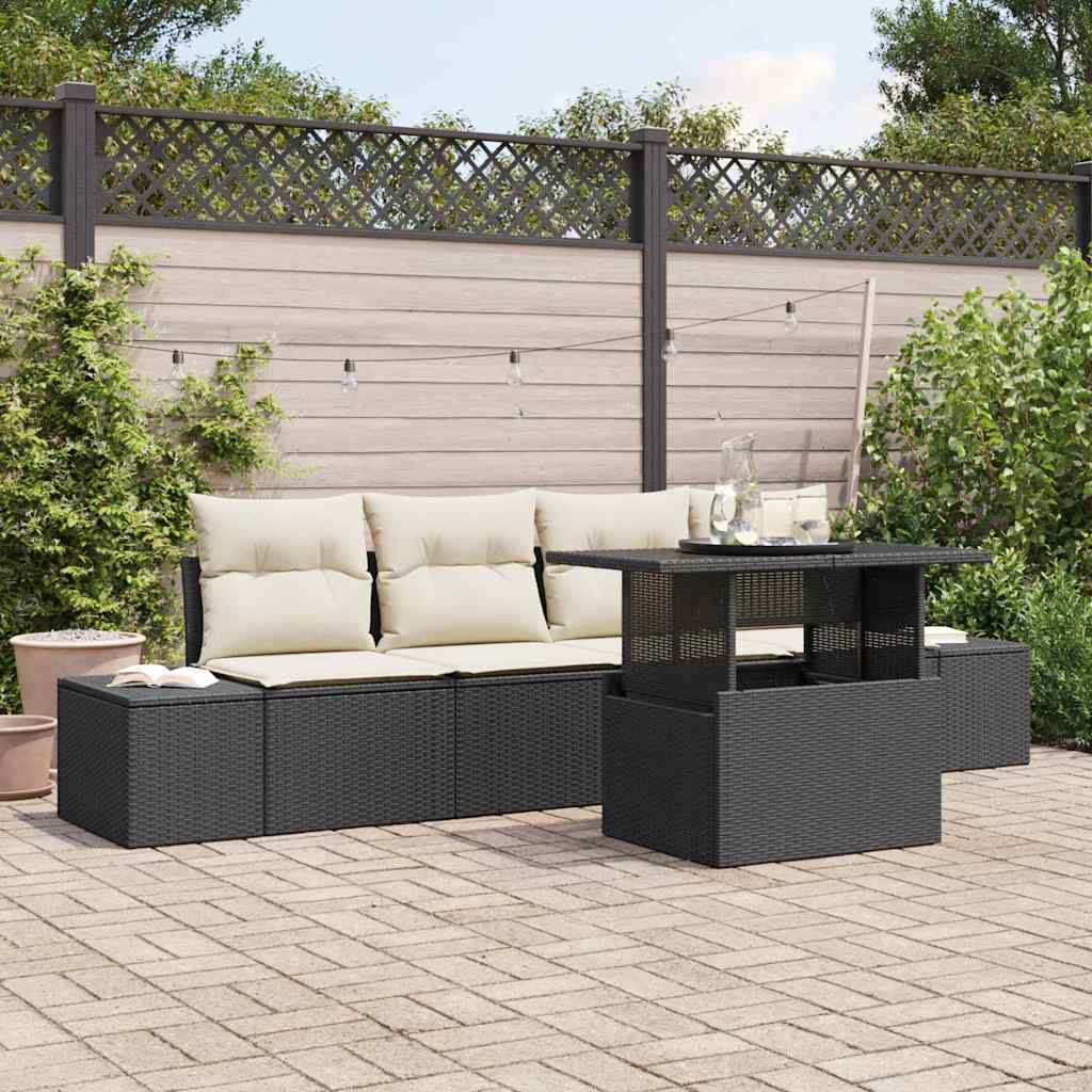 Sofa Sæt med pude 5 pcs Sort og Cream polyrattan