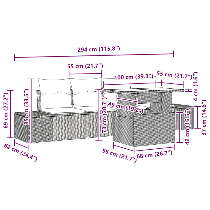 Sofa Sæt 5 stk. Lysegrå polyrattan