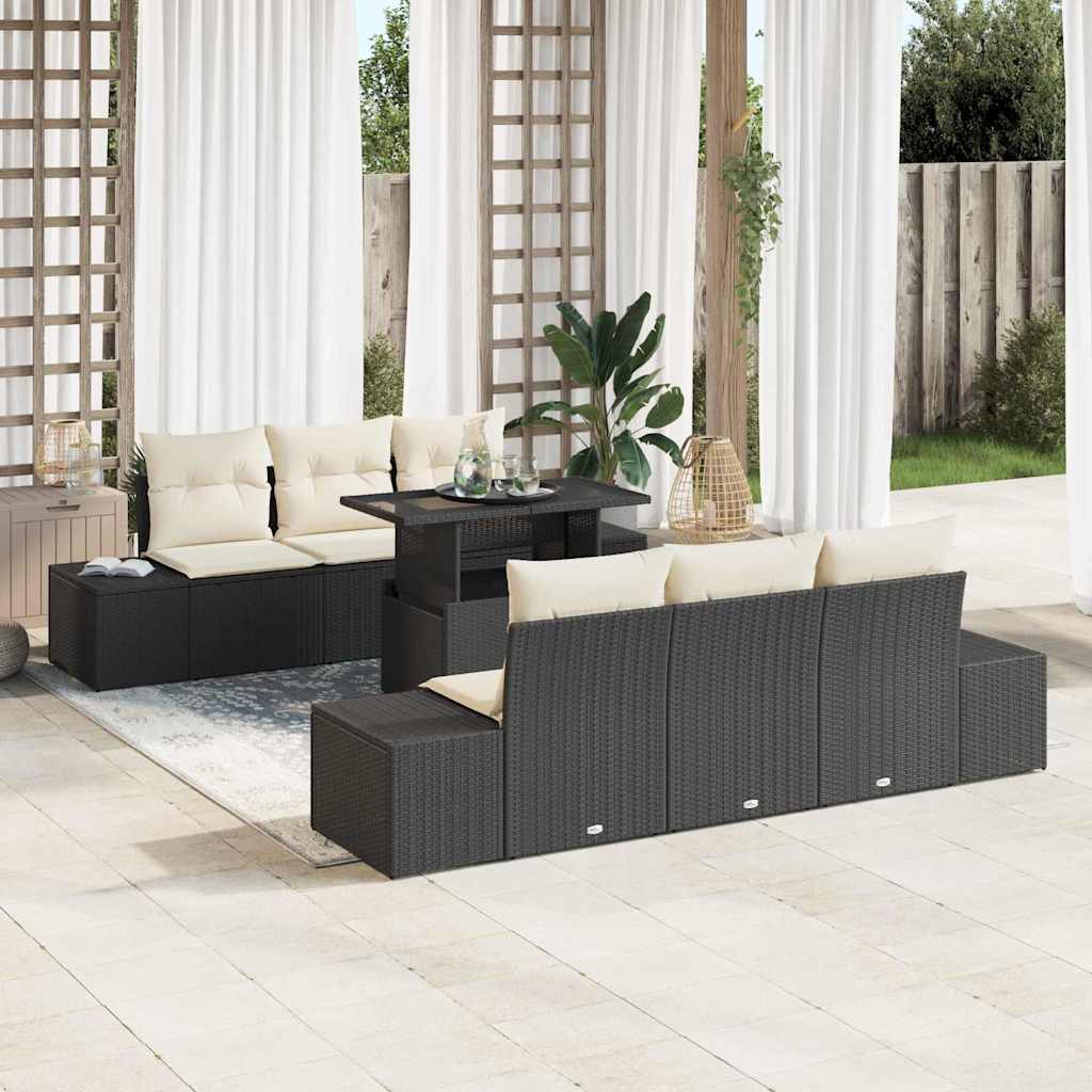 Sofa Sæt med pude 7 pcs Sort og Cream polyrattan
