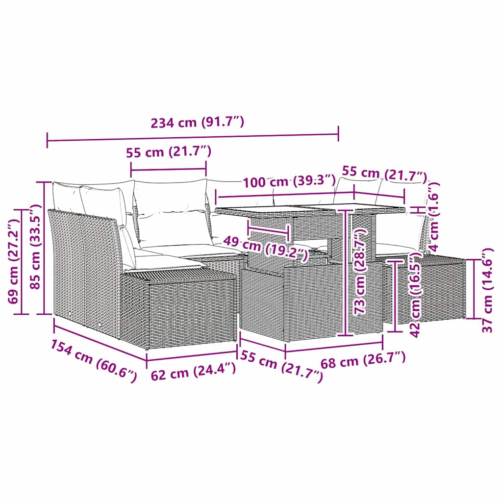 Sofa Sæt 7 stk. Sort og Cream polyrattan