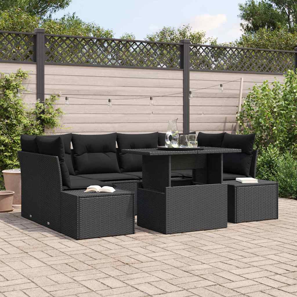 Sofa Sæt med pude 7 pcs Sort polyrattan