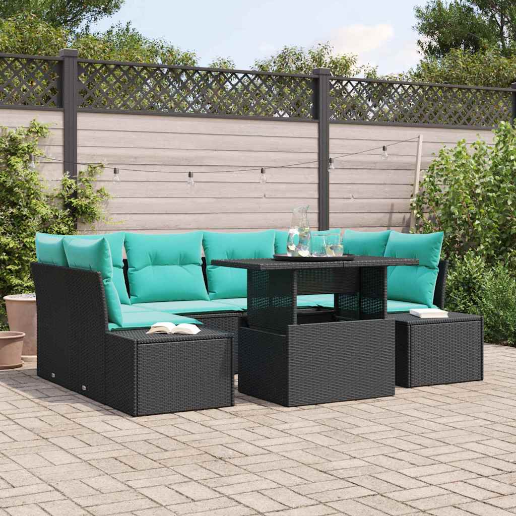 Sofa Sæt 7 stk. 6-Antal sæder Sort og Blå polyrattan