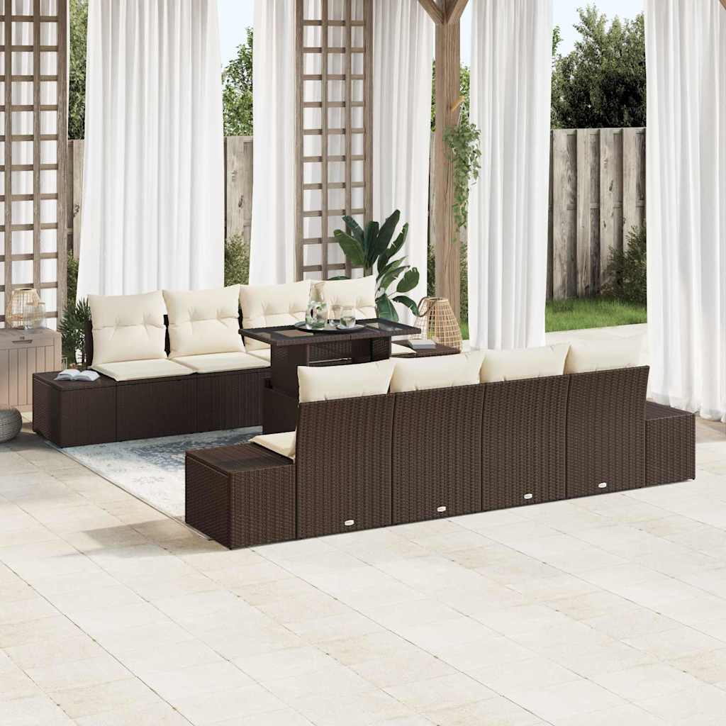 Havesofa Sæt med pude 9 pcs Brun og Creme polyrattan