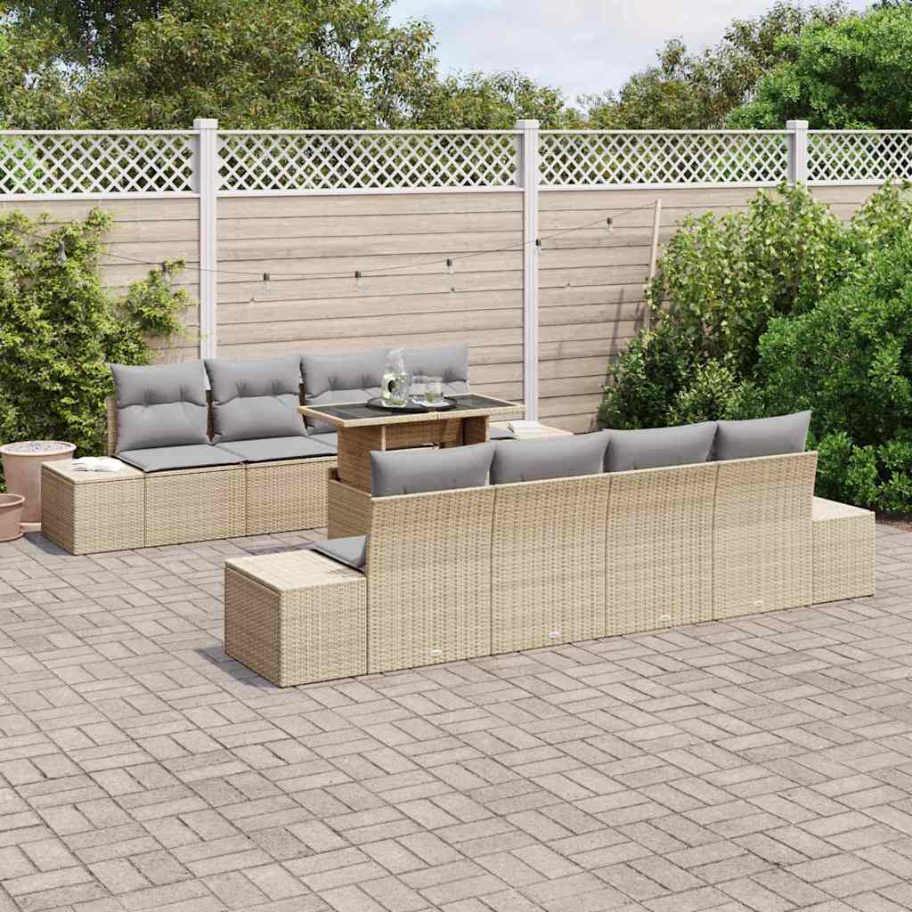 Havesofa Sæt med pude 9 pcs Beige og lys grå polyrattan