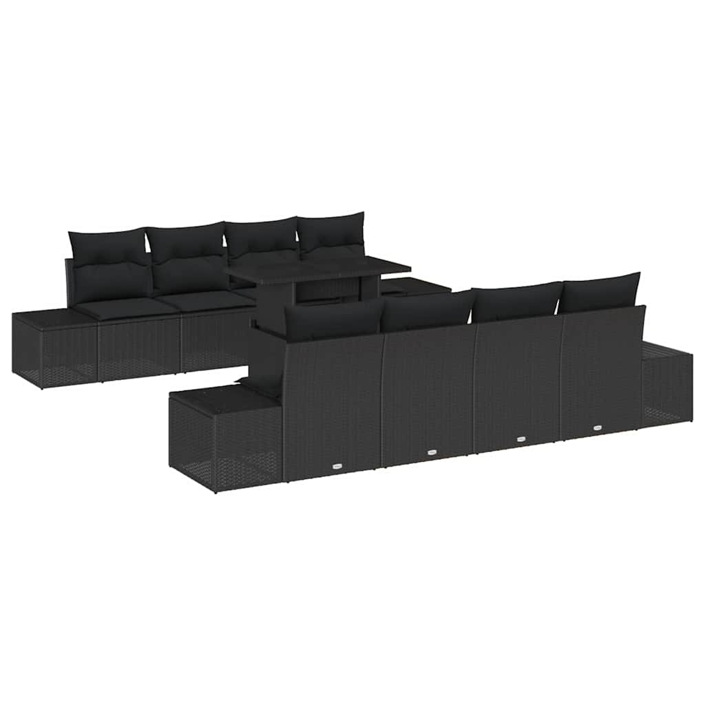 Havesofa Sæt med pude 9 pcs Sort polyrattan