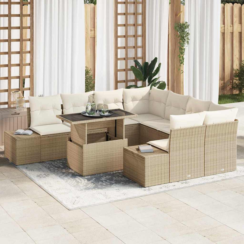 Havesofa Sæt med pude 9 pcs Beige og creme polyrattan
