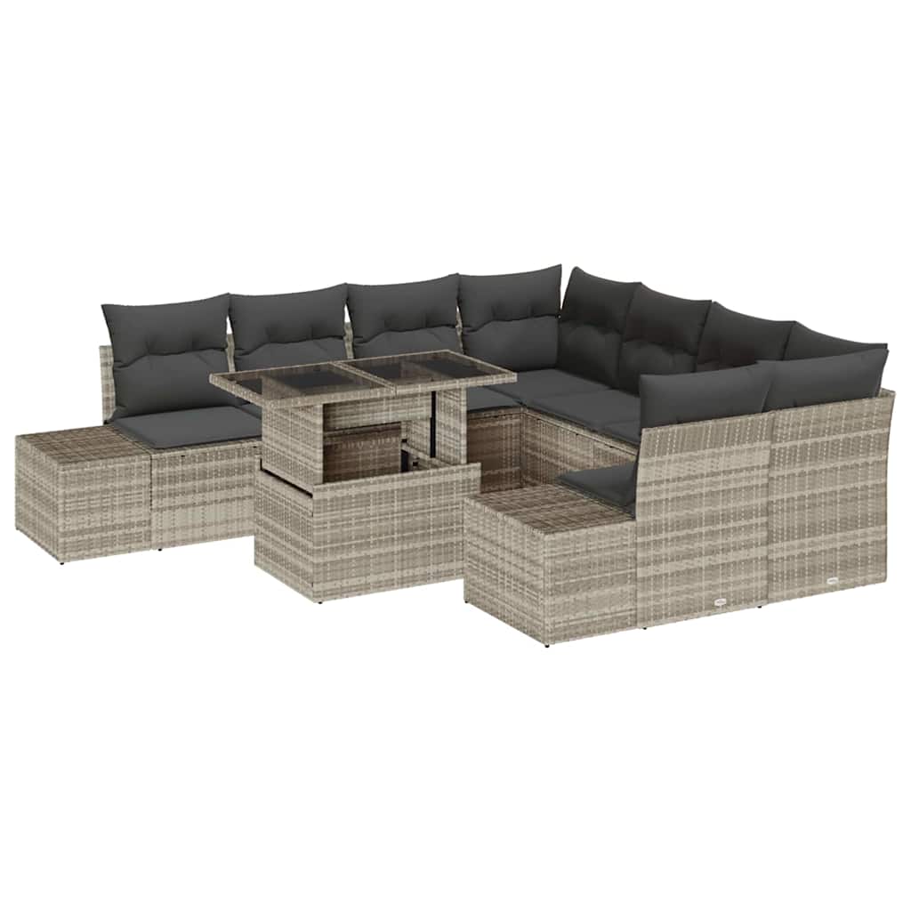 Havesofa Sæt med pude 9 pcs Lysegrå polyrattan