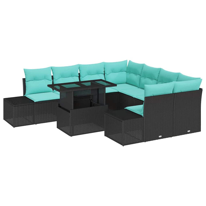 Havesofa Sæt 9 stk. 8-Antal sæder Sort og Blå polyrattan