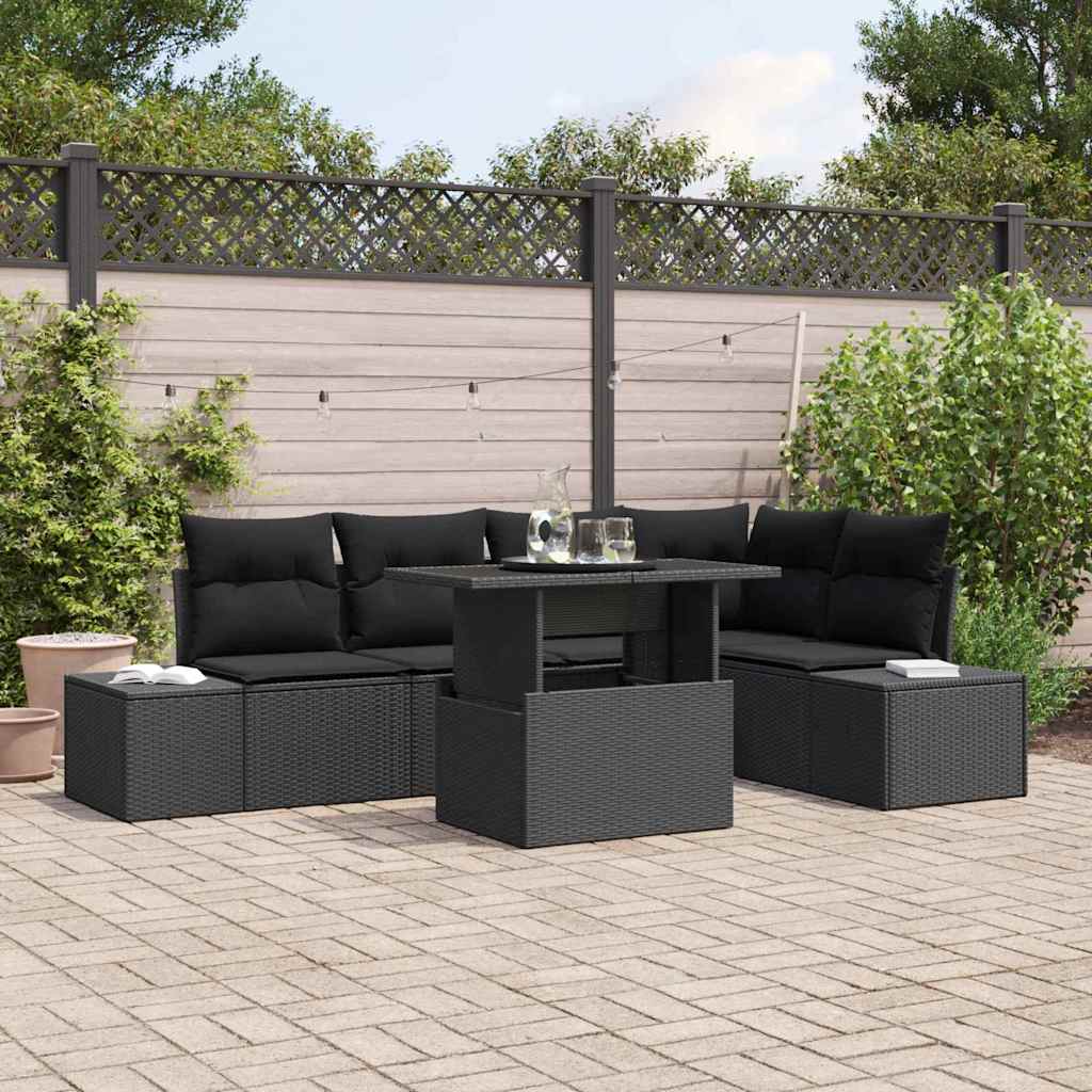 Havesofa Sæt med pude 6 pcs Sort Poly rattan