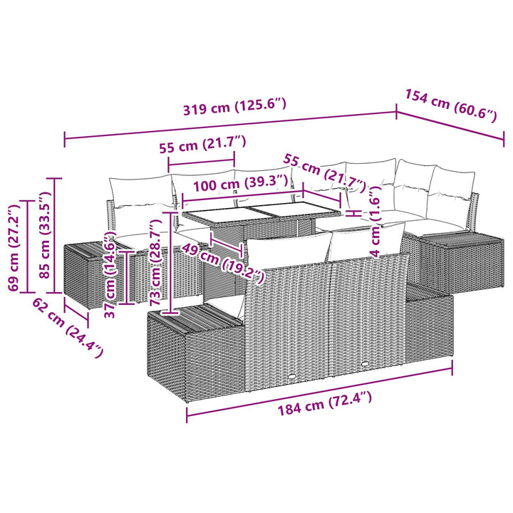 Havesofa Sæt med pude 9 pcs Brun og Rød polyrattan