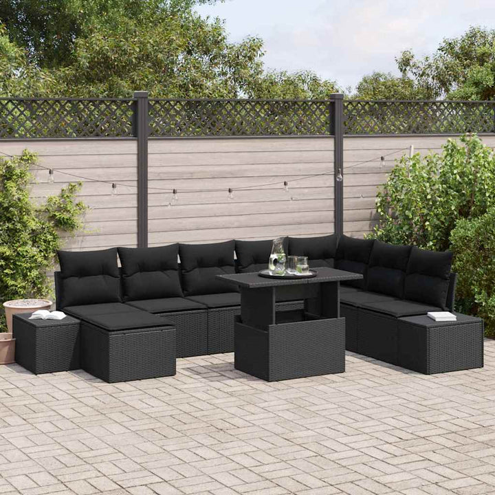 Havesofa Sæt med pude med opbevaring 9 pcs Sort polyrattan