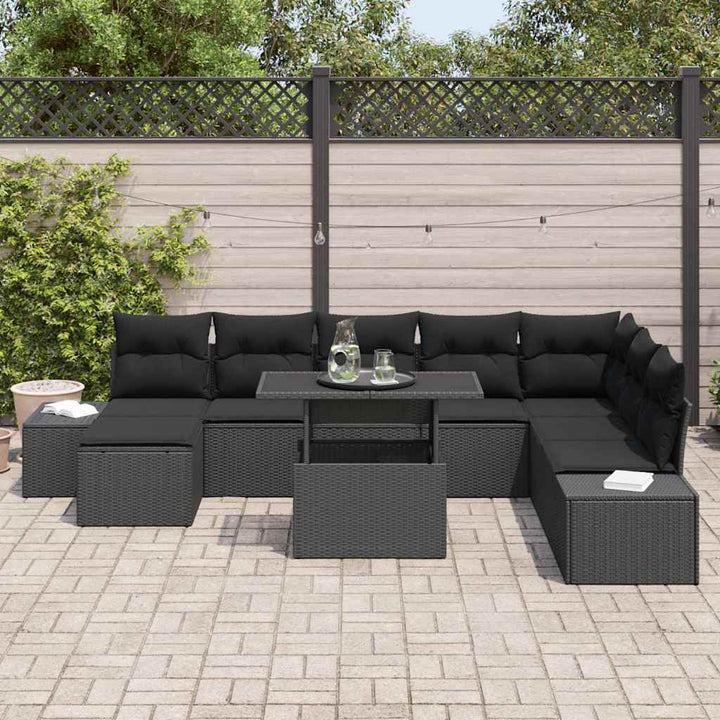 Havesofa Sæt med pude med opbevaring 9 pcs Sort polyrattan