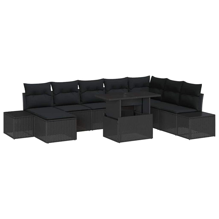 Havesofa Sæt med pude med opbevaring 9 pcs Sort polyrattan