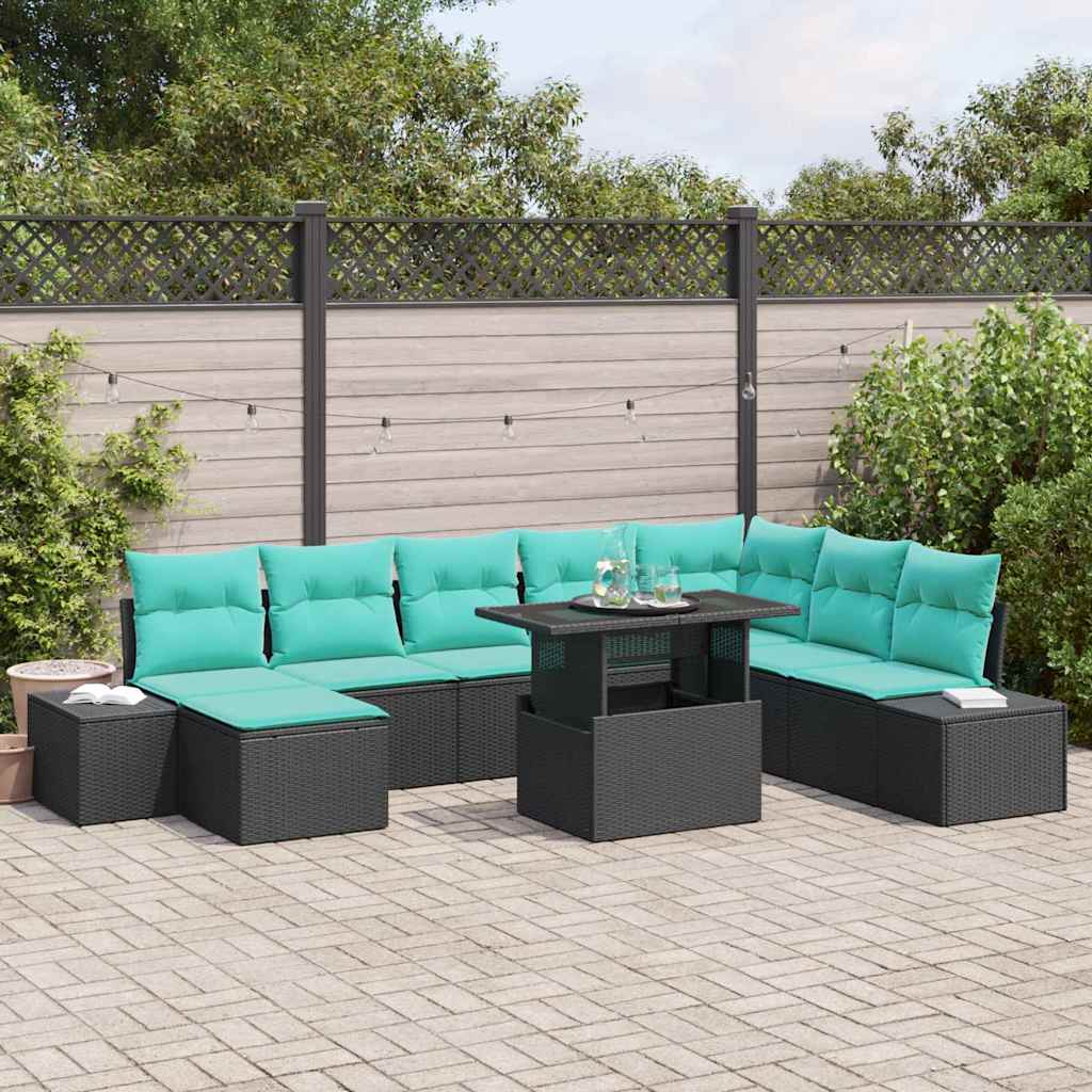 Havesofa Sæt 9 stk. Sort og Blå polyrattan