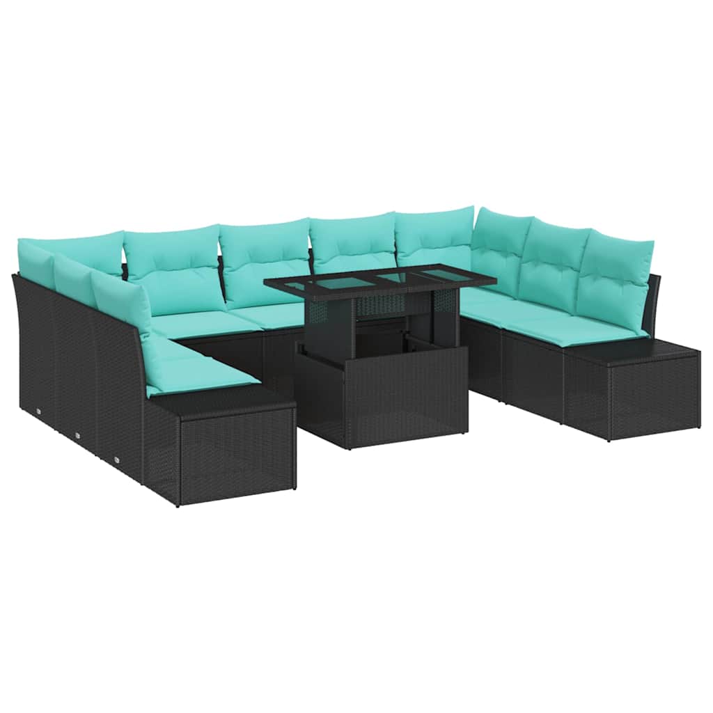 Havesofa Sæt 10 stk. Sort og Blå polyrattan