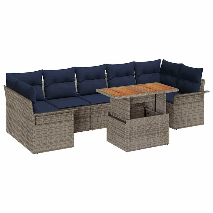 Havesofa Sæt med pude 8 pcs Grå og Marineblå polyrattan