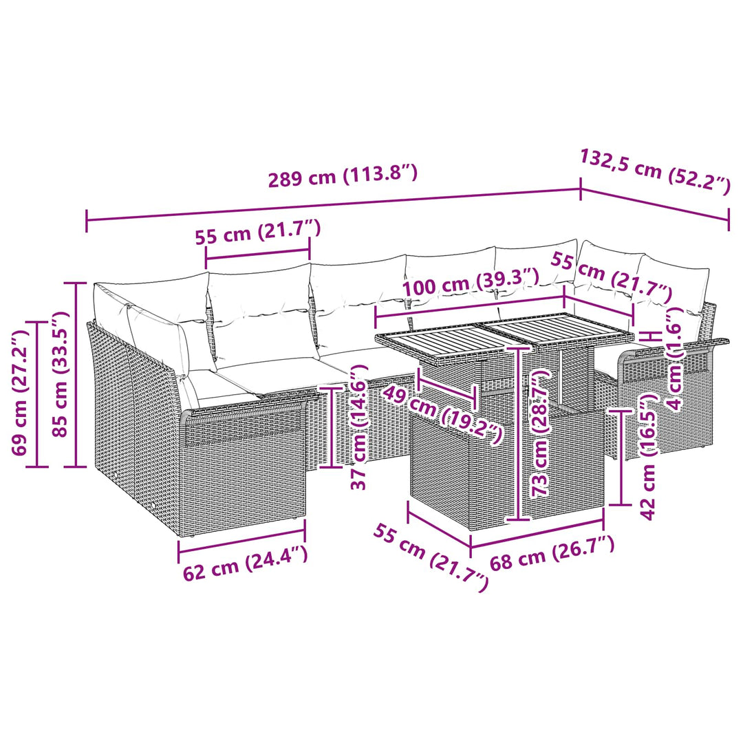 Havesofa Sæt med pude 8 pcs Sort og Blå polyrattan