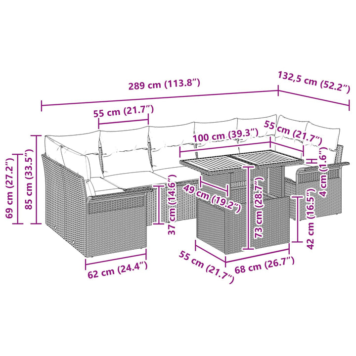 Havesofa Sæt med pude 8 pcs Sort og Blå polyrattan