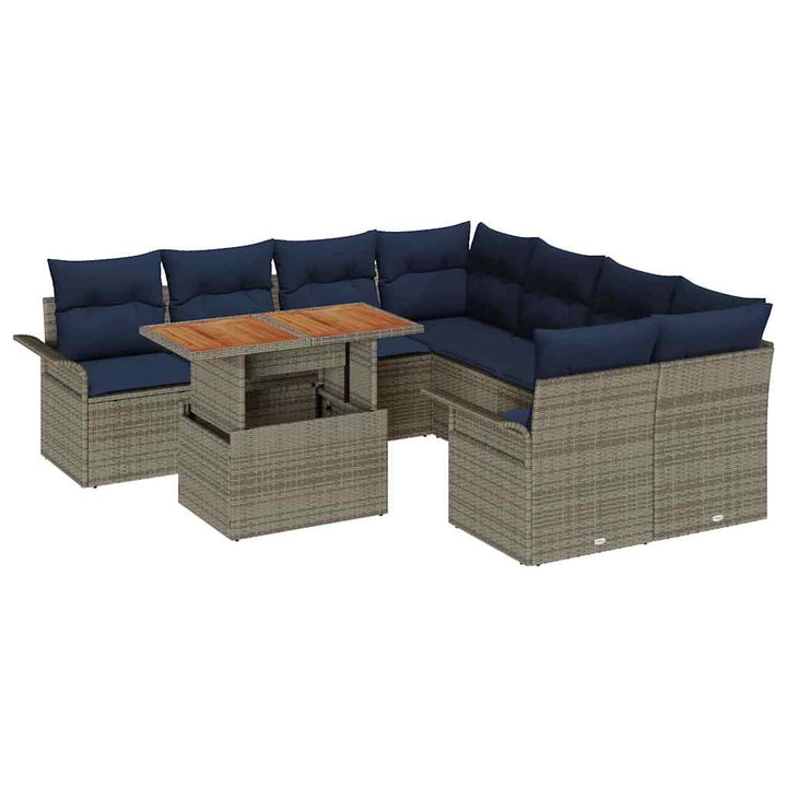 Havesofa Sæt med pude 9 pcs Grå og Marineblå polyrattan