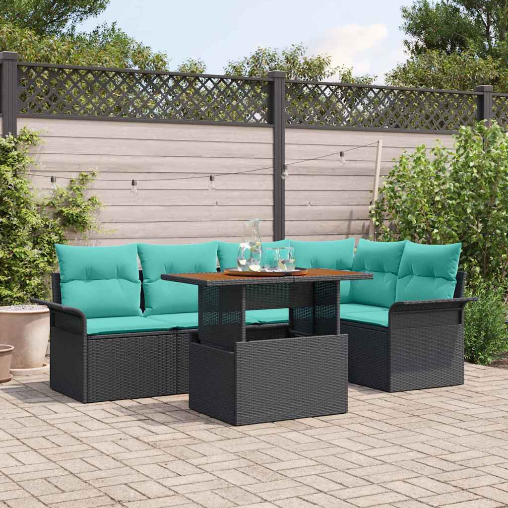 Havesofa Sæt med pude 6 pcs Sort og Blå polyrattan