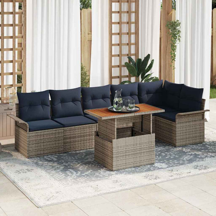 Havesofa Sæt med pude 7 pcs Grå og Marineblå polyrattan