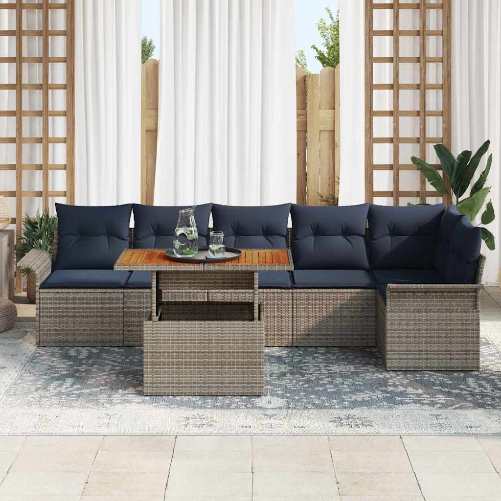 Havesofa Sæt med pude 7 pcs Grå og Marineblå polyrattan