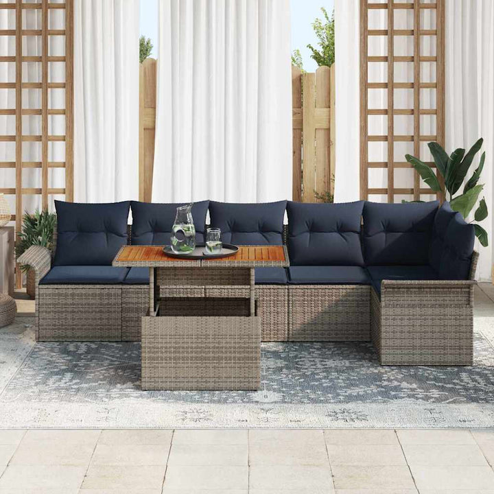 Havesofa Sæt med pude 7 pcs Grå og Marineblå polyrattan