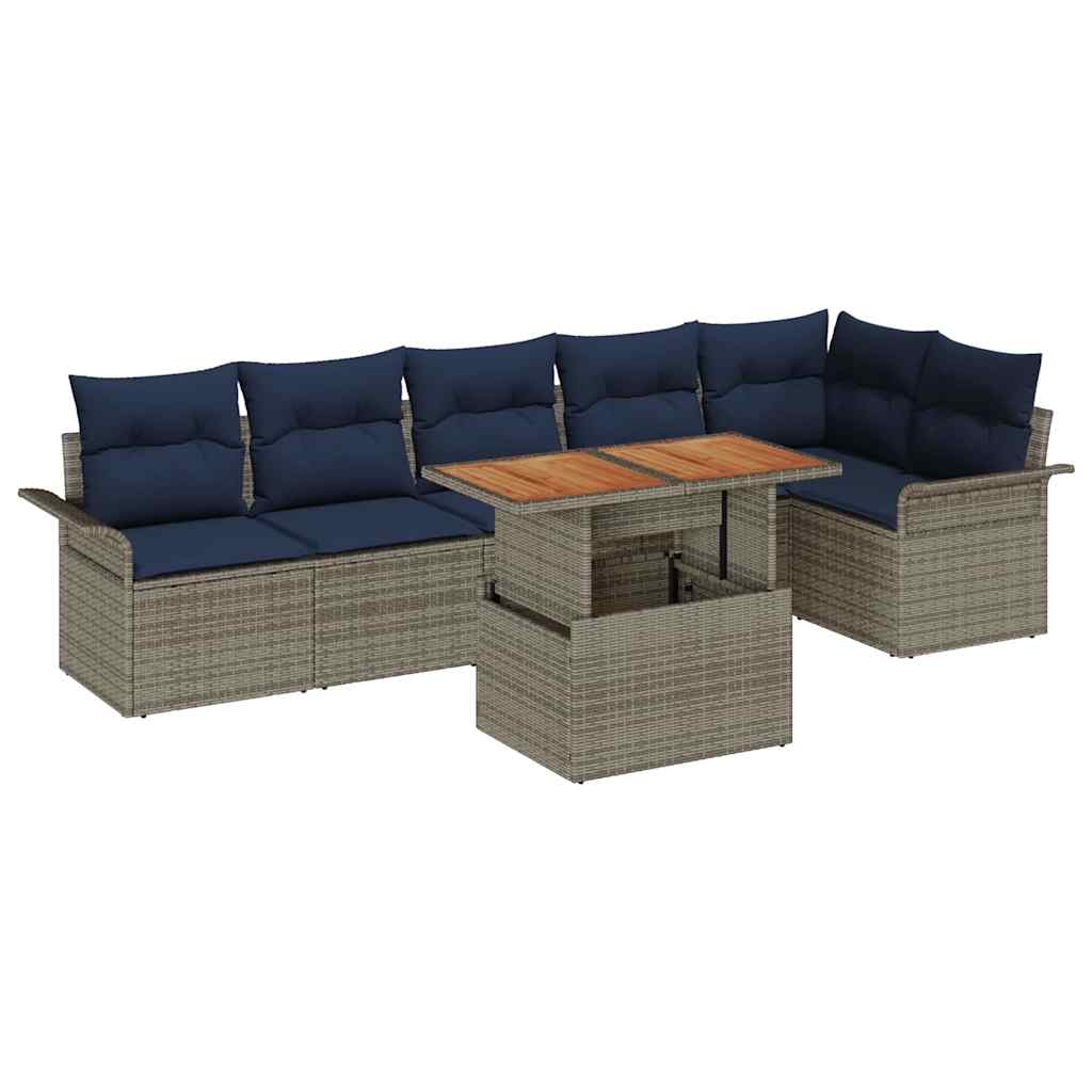 Havesofa Sæt med pude 7 pcs Grå og Marineblå polyrattan