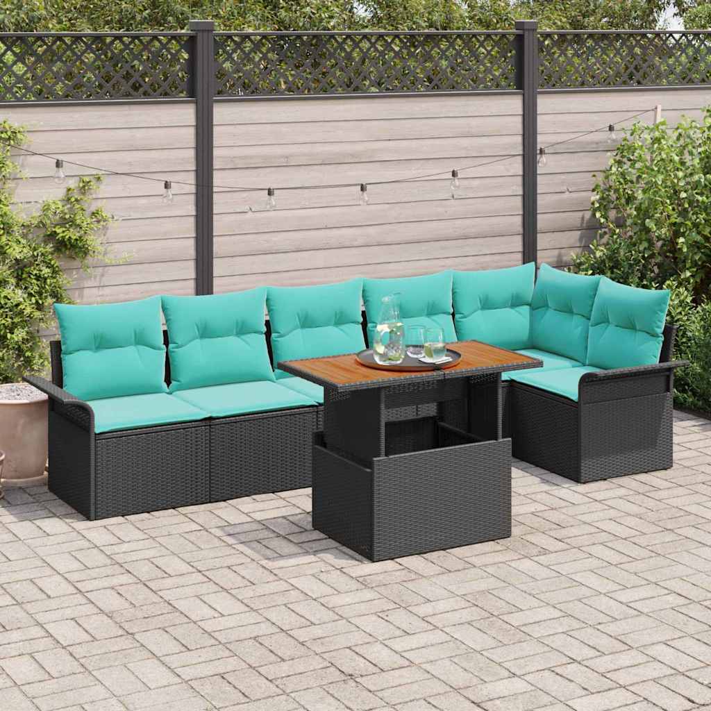 Havesofa Sæt med pude 7 pcs Sort og Blå polyrattan
