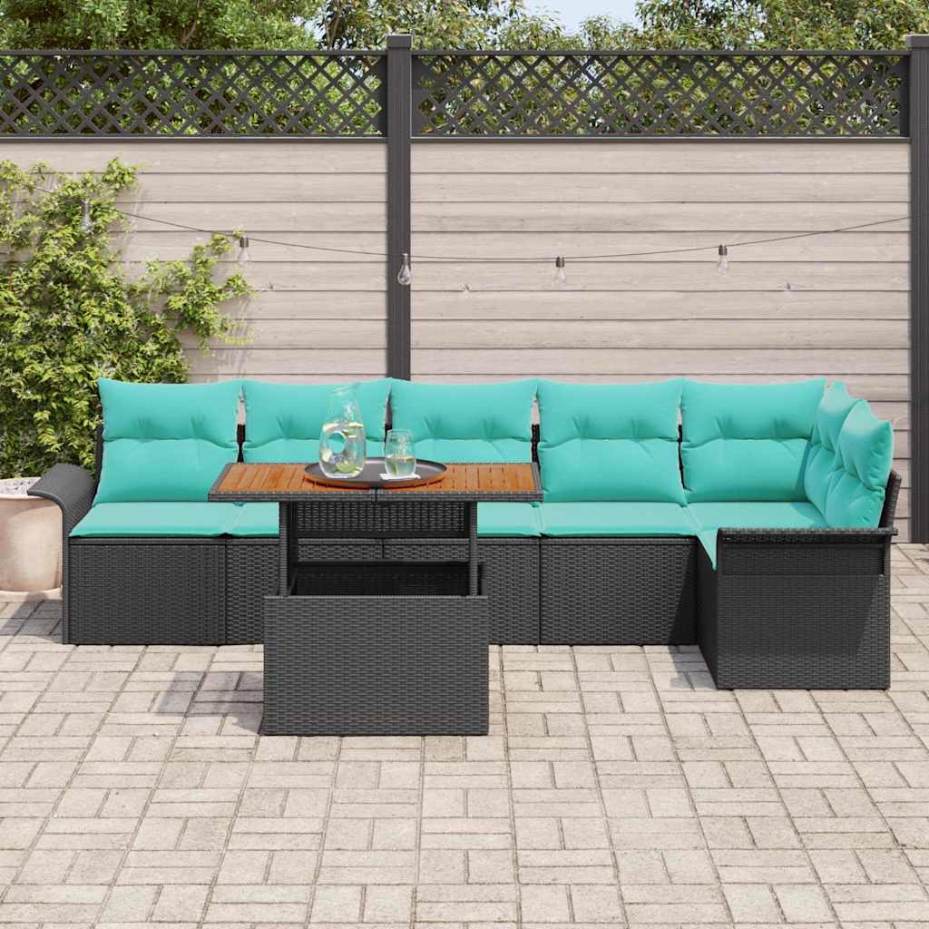 Havesofa Sæt med pude 7 pcs Sort og Blå polyrattan