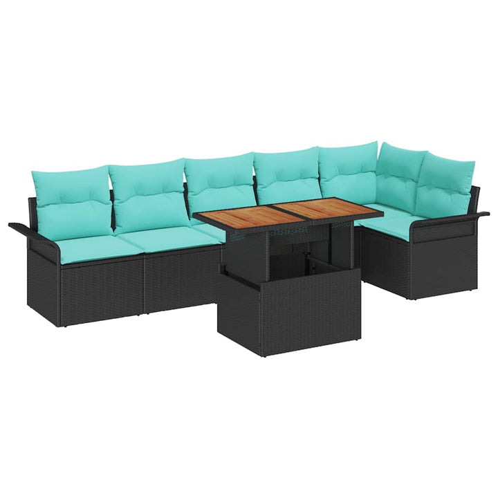 Havesofa Sæt med pude 7 pcs Sort og Blå polyrattan