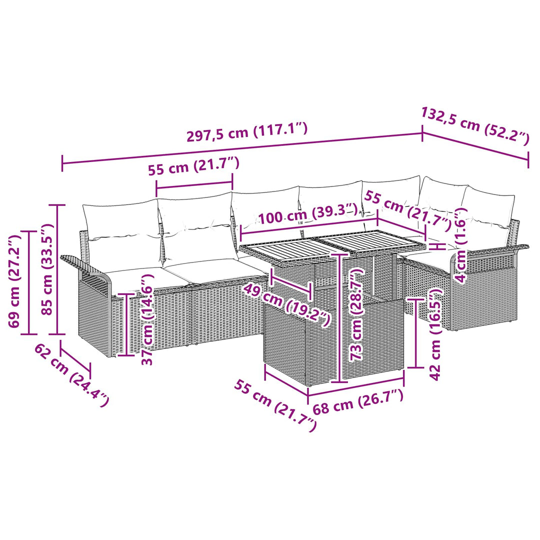 Havesofa Sæt med pude 7 pcs Sort og Blå polyrattan