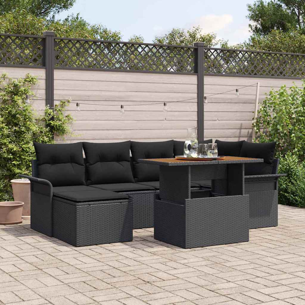 Havesofa Sæt med pude 7 pcs Sort polyrattan