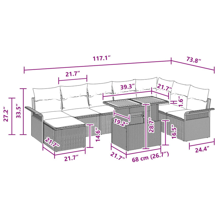 Havesofa Sæt 9 pcs Sort og blå Polyrattan og pulverlakeret stål