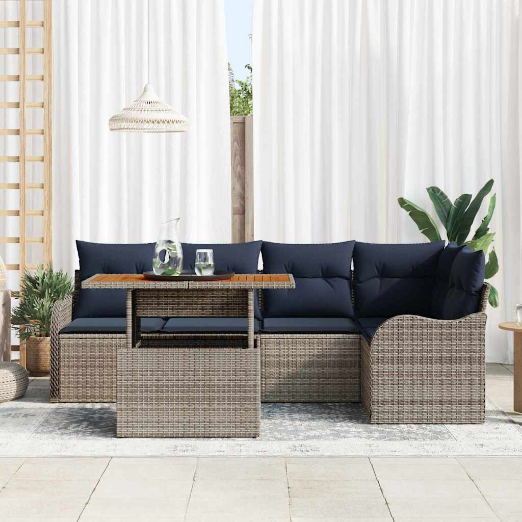 Havesofa Sæt 6 stk. 5-Antal sæder Grå og Marineblå polyrattan
