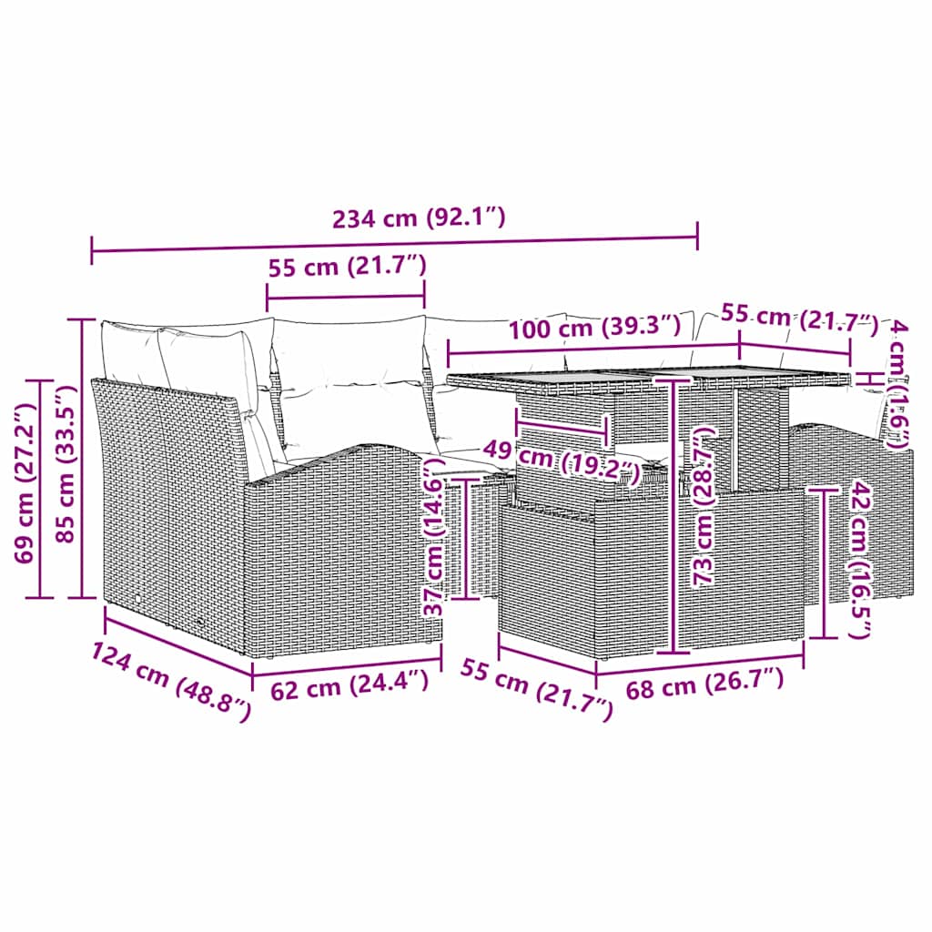 Havesofa Sæt med pude med hovedgærde 7 pcs beige og cremefarvet