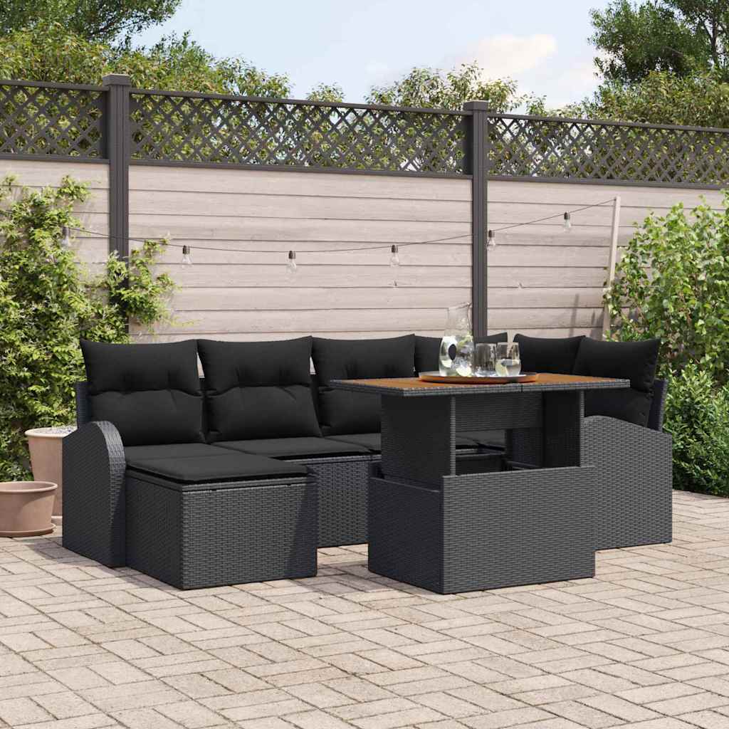 Havesofa Sæt 7 pcs Sort Polyrattan og pulverlakeret stål