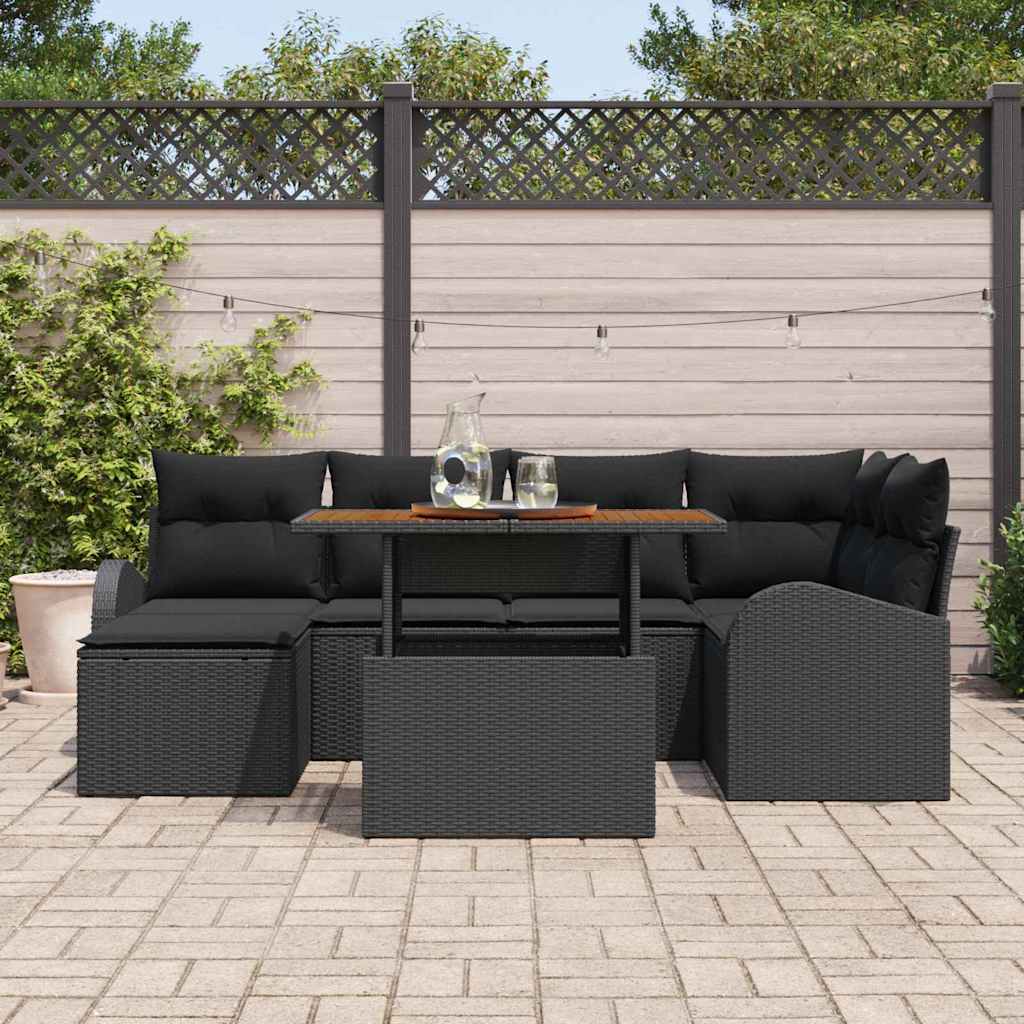 Havesofa Sæt 7 pcs Sort Polyrattan og pulverlakeret stål