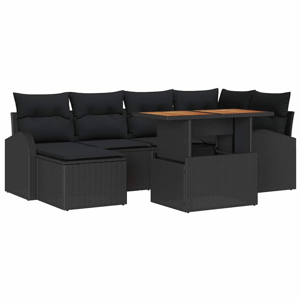 Havesofa Sæt 7 pcs Sort Polyrattan og pulverlakeret stål