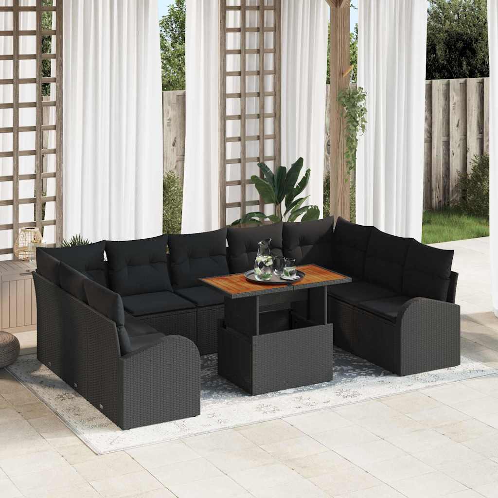 Havesofa Sæt 10 pcs Sort Polyrattan og pulverlakeret stål