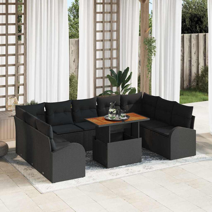 Havesofa Sæt 10 pcs Sort Polyrattan og pulverlakeret stål